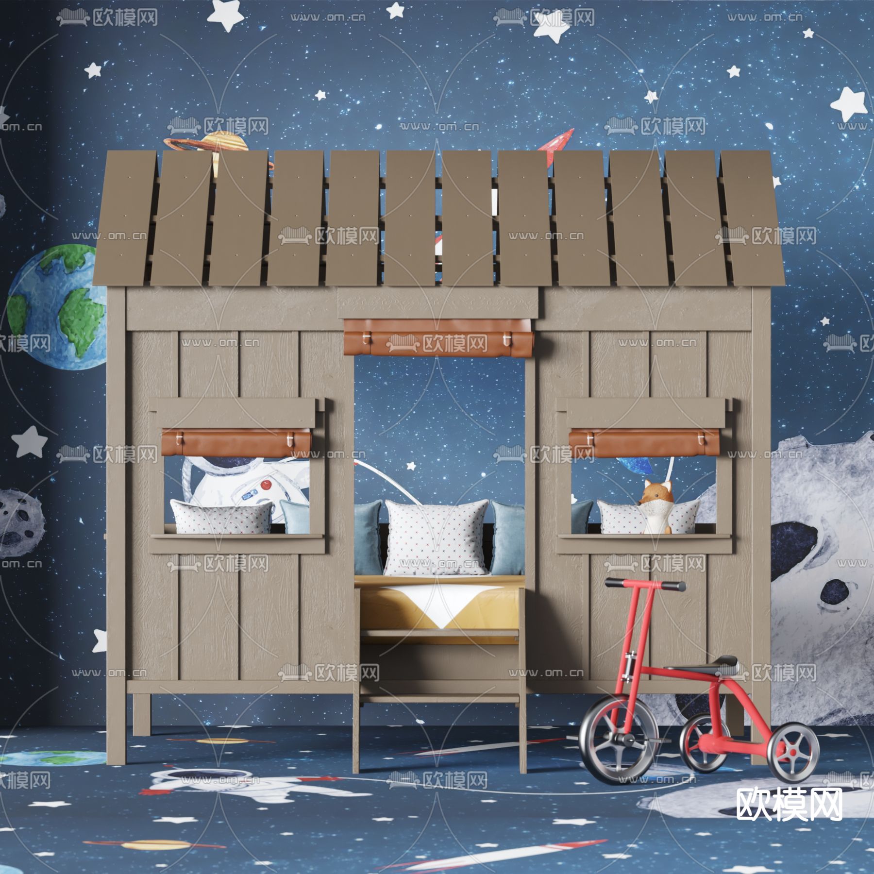 现代实木儿童单人床3d模型下载