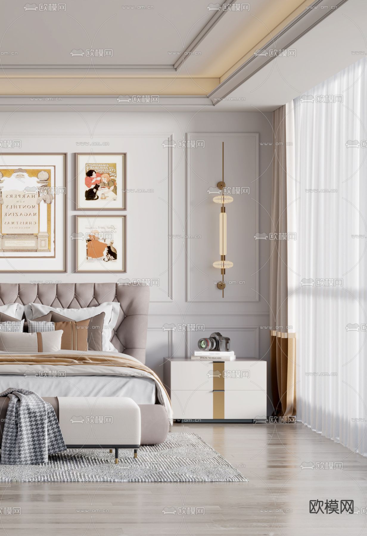 简欧卧室3d模型下载（渲染图2）