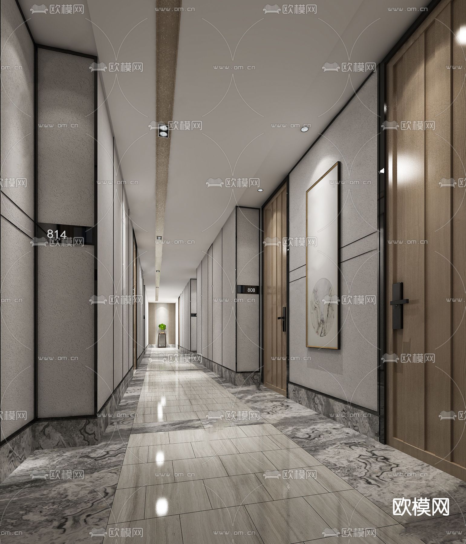 新中式酒店玄关过道su模型