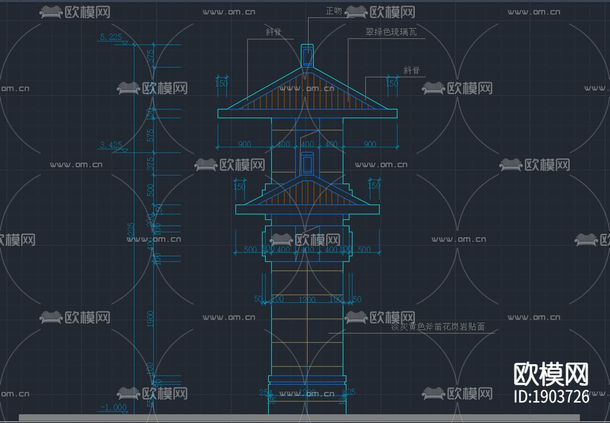中式牌坊平面立面剖面大样施工图纸下载（渲染图2）