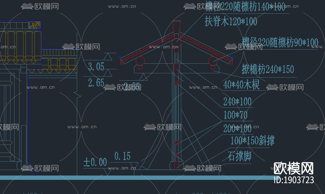 中式牌坊平面立面剖面大样施工图纸下载（渲染图3）
