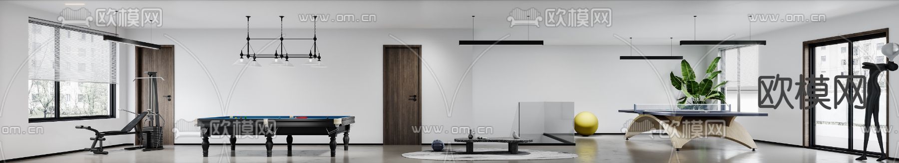 现代员工休息区桌球室活动室3d模型下载（渲染图1）