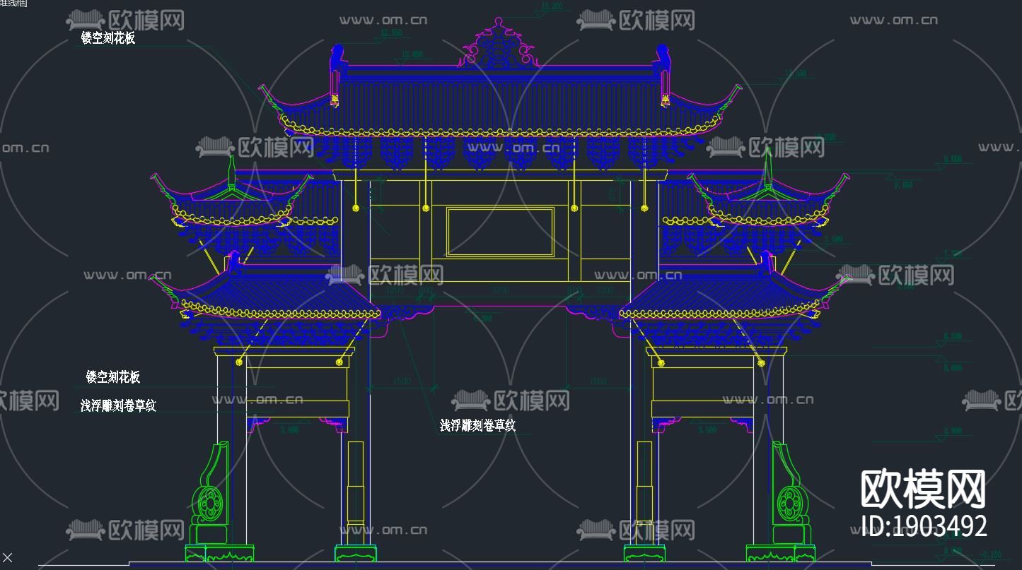 中式古牌坊平面立面侧面剖面大样施工图纸下载（渲染图2）