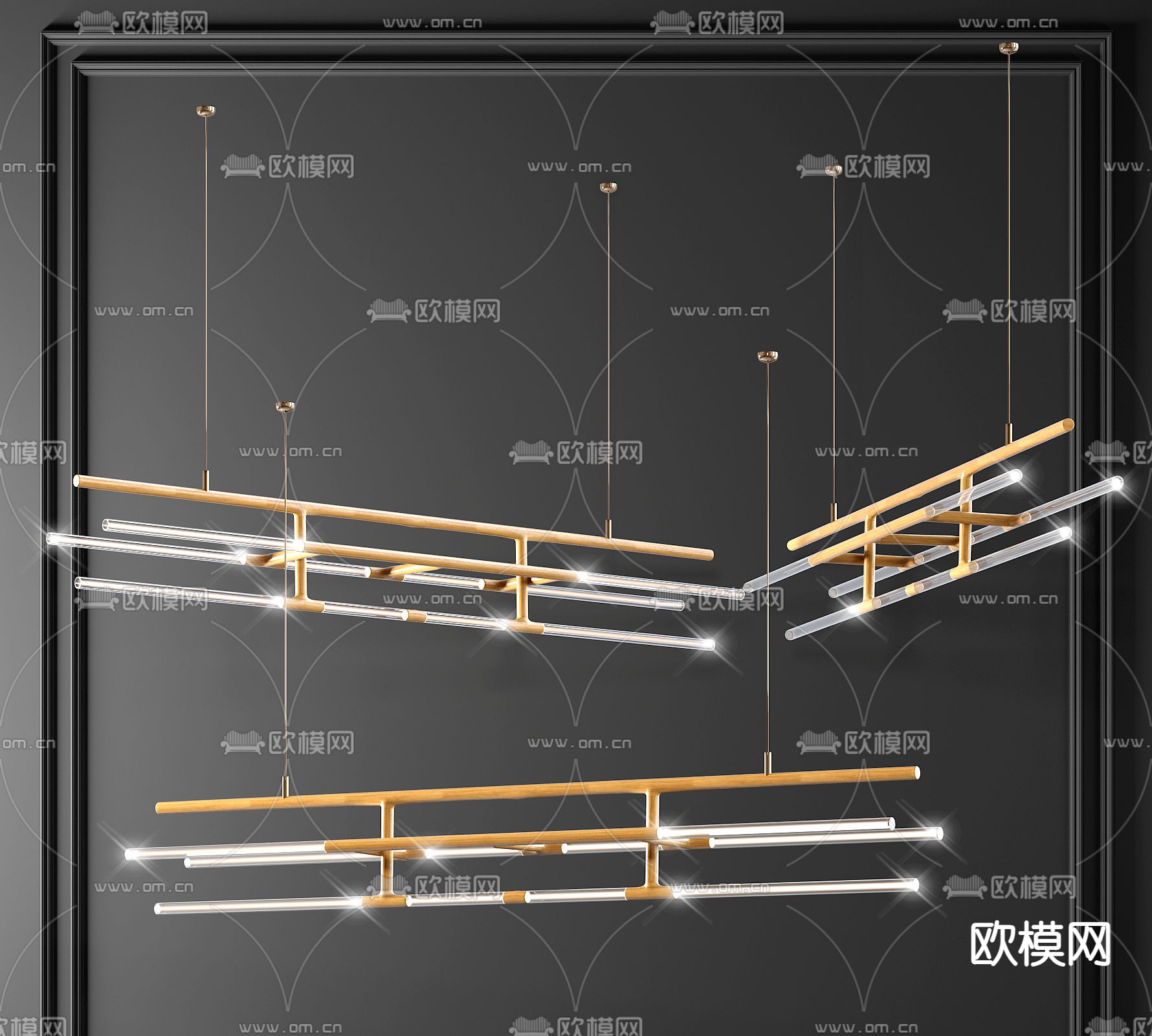 现代金属长条形办公吊灯3d模型下载