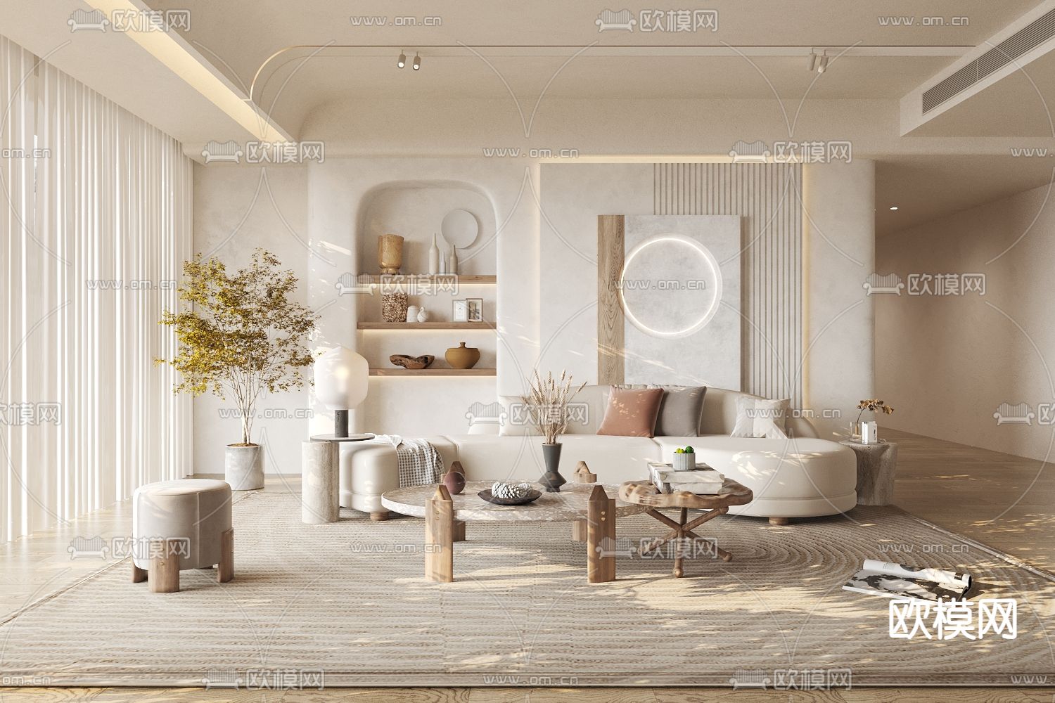 侘寂布艺弧形沙发组合3d模型下载