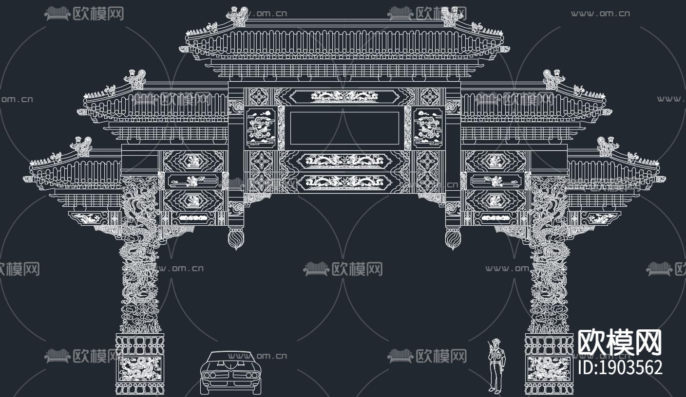 中式古牌坊雕龙图案立面图纸下载