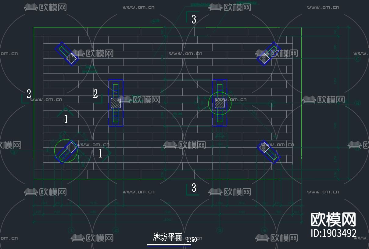 中式古牌坊平面立面侧面剖面大样施工图纸下载（渲染图1）