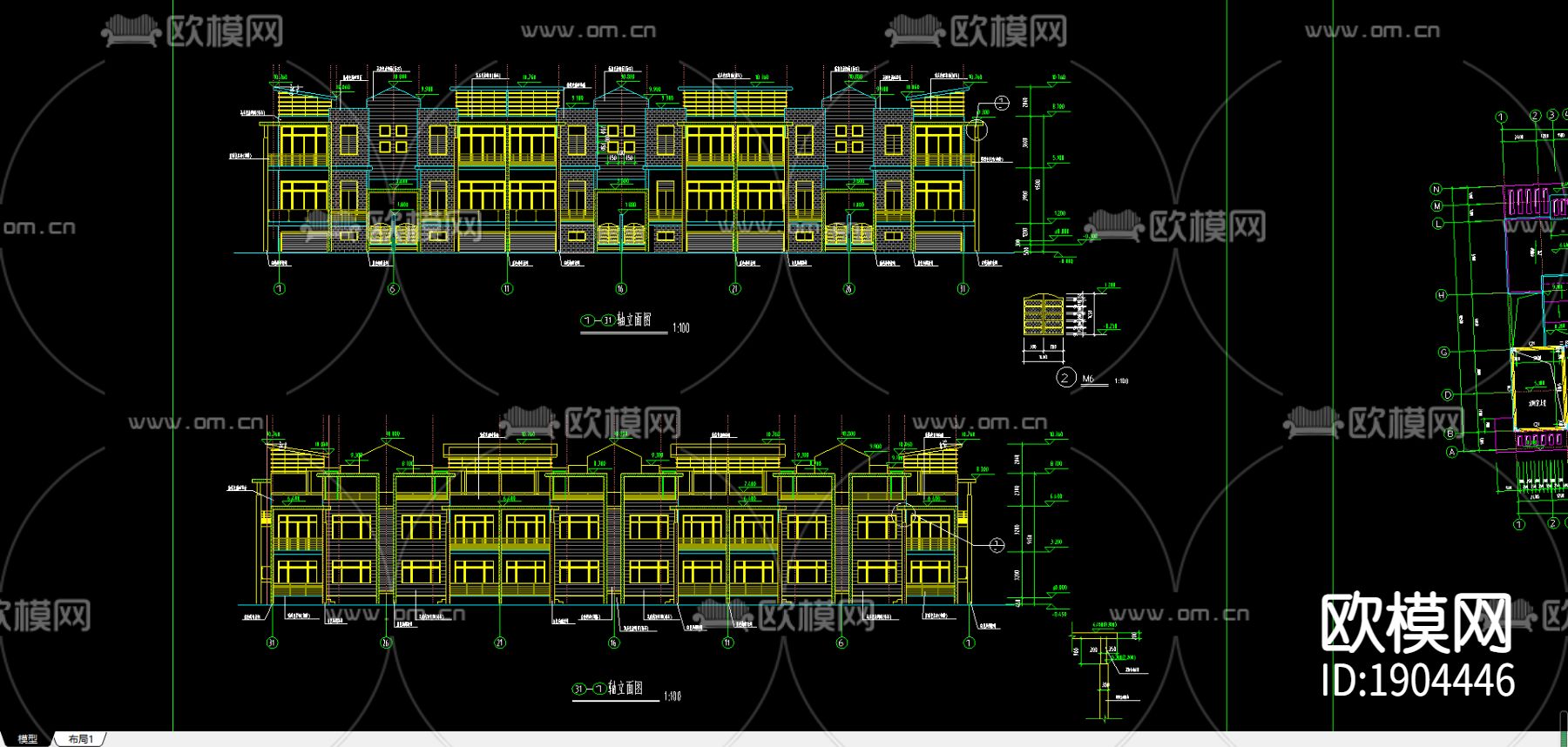联排别墅cad施工图下载（渲染图1）