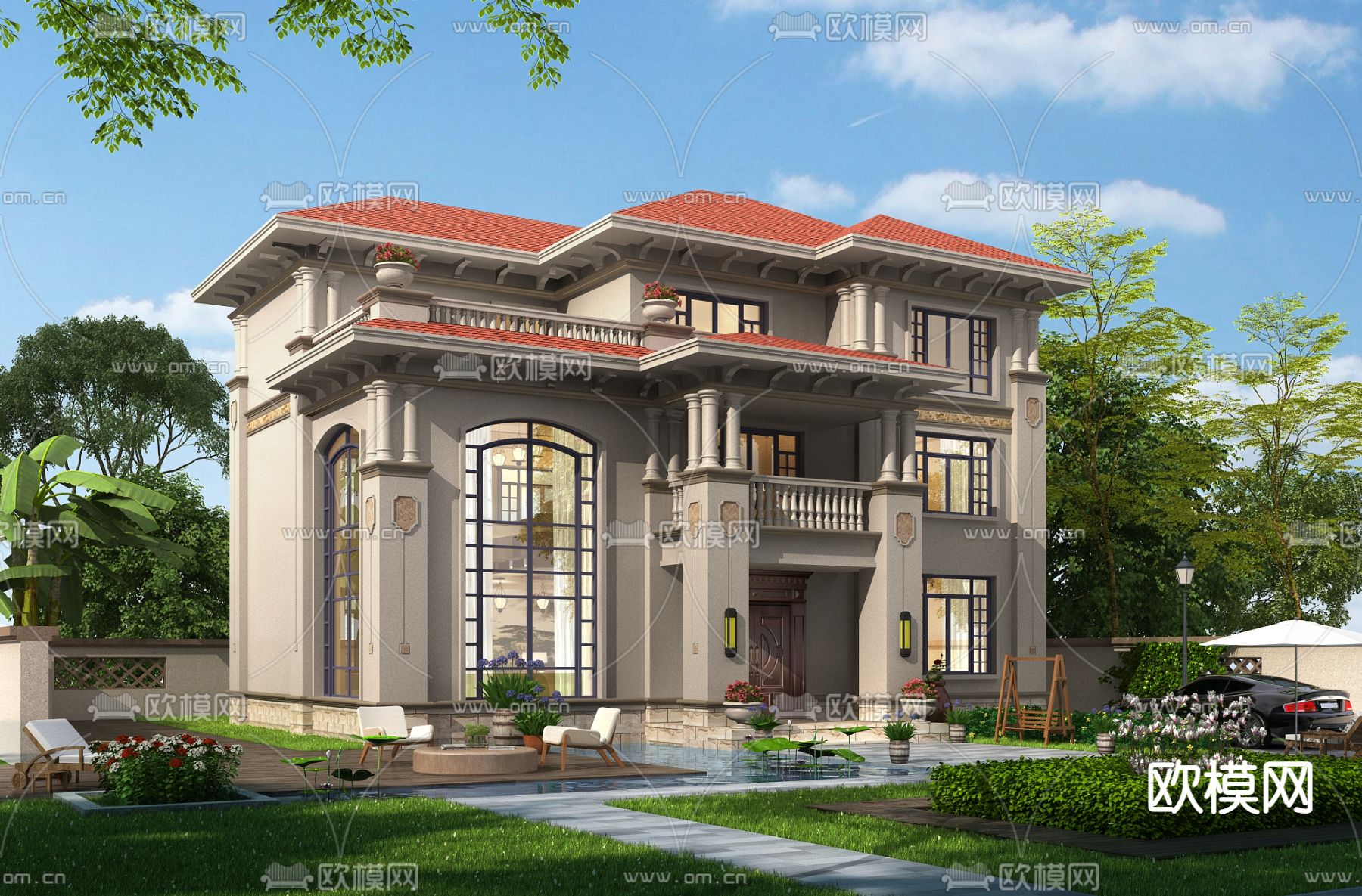 新中式独栋别墅外观3d模型下载