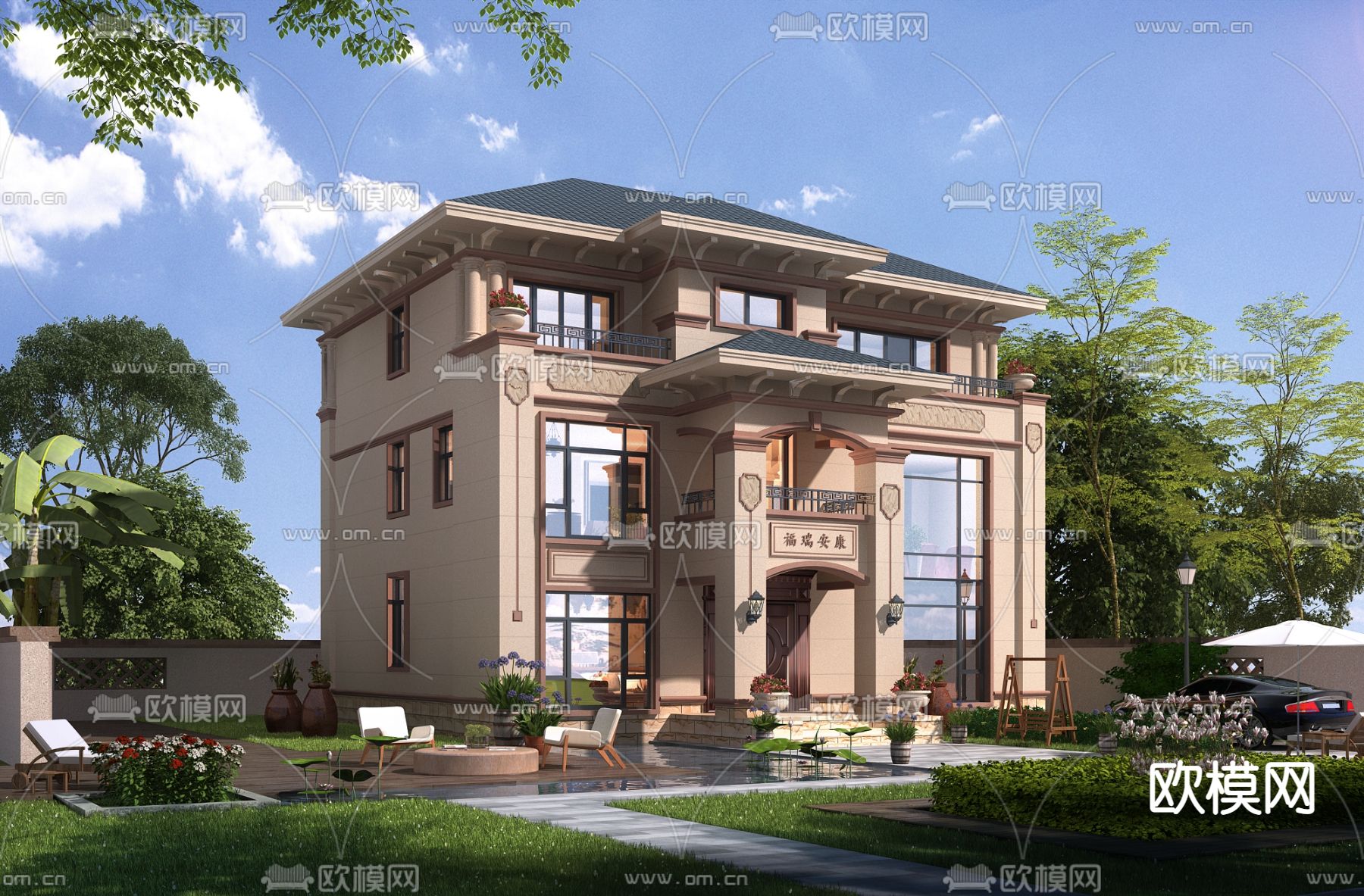 新中式独栋别墅外观3d模型下载