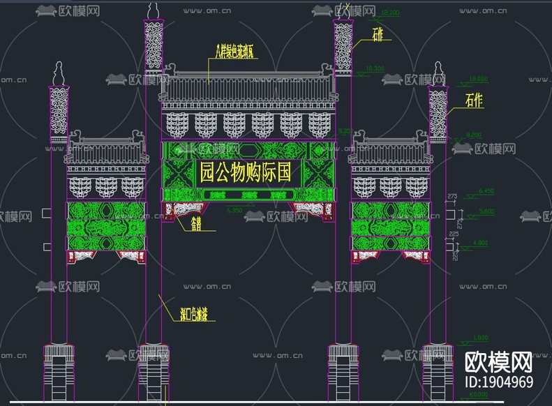中式牌坊cad施工圖下載(渲染圖1)