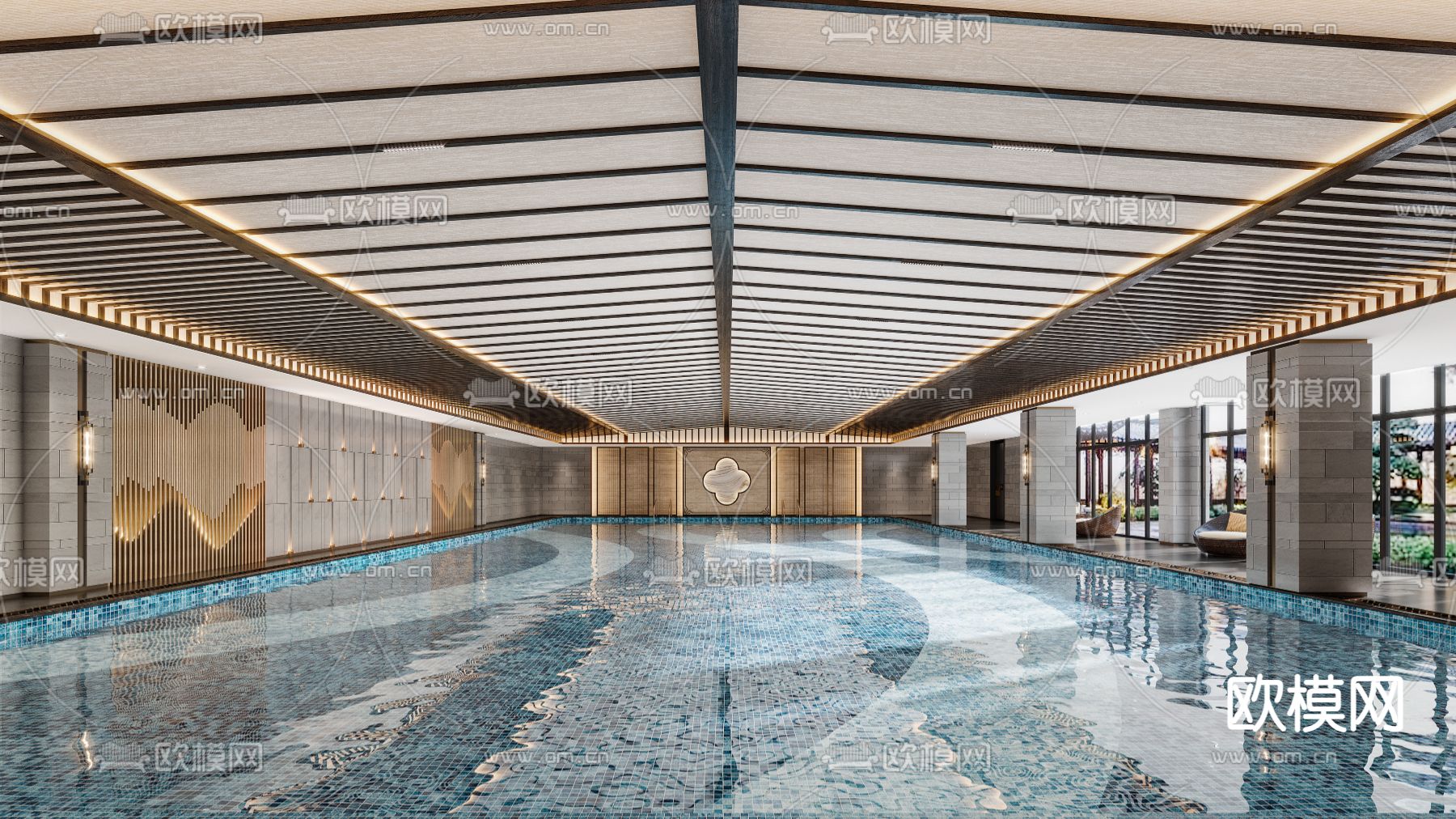 新中式室内游泳池3d模型下载