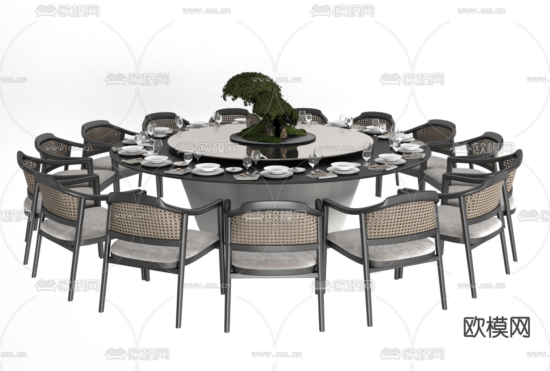 新中式圆形餐桌椅免费3d模型下载