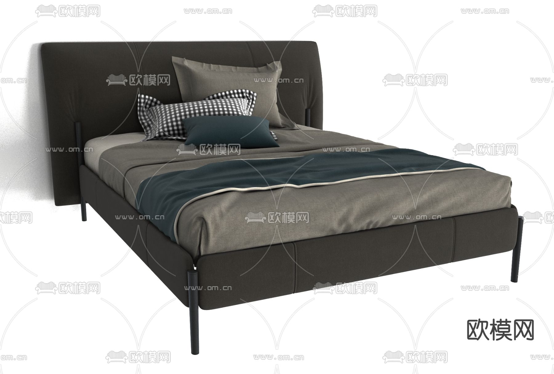 现代布艺双人床免费3d模型下载