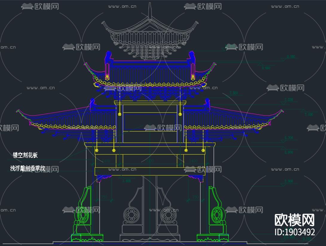 中式古牌坊平面立面侧面剖面大样施工图纸下载（渲染图6）