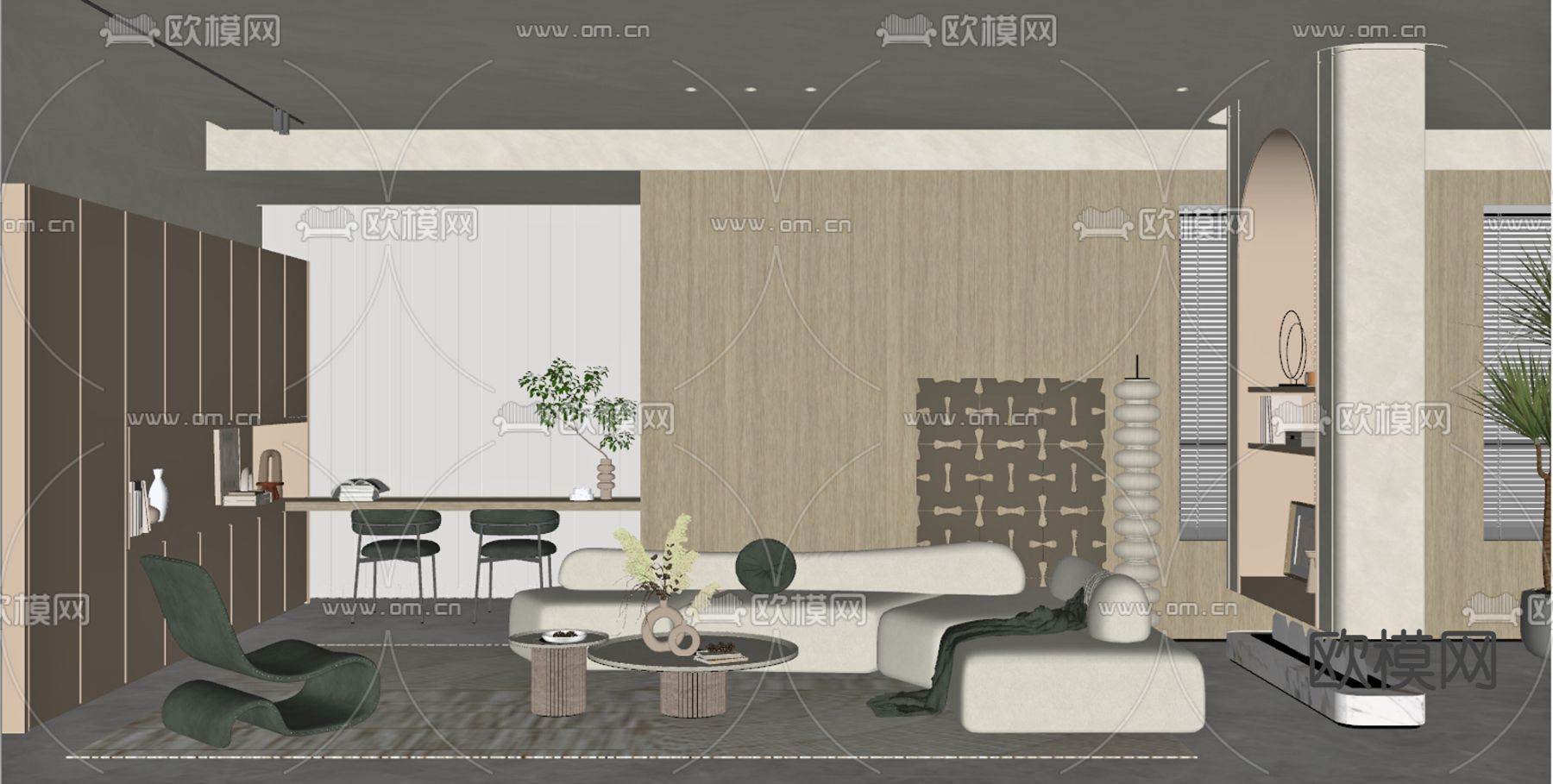 现代奶油客厅su模型下载（渲染图2）