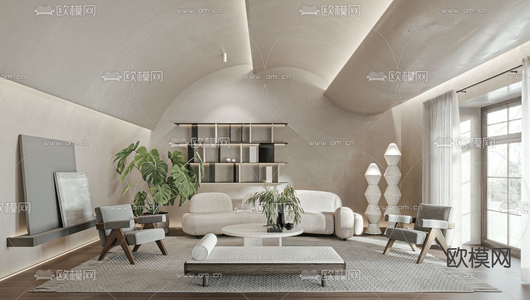 侘寂风轻奢客厅su模型下载（渲染图1）