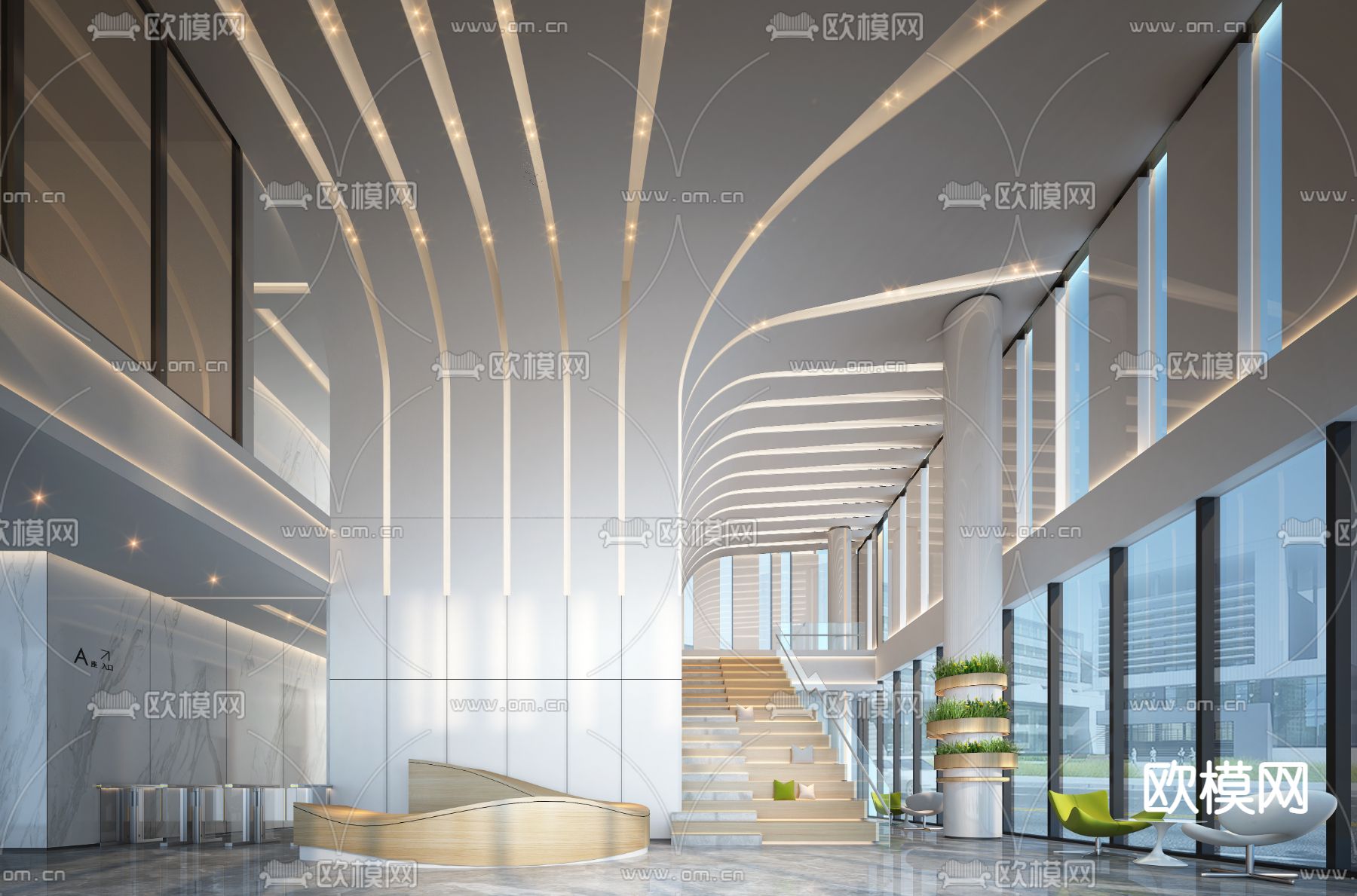 现代办公楼大堂前台3d模型下载（渲染图2）