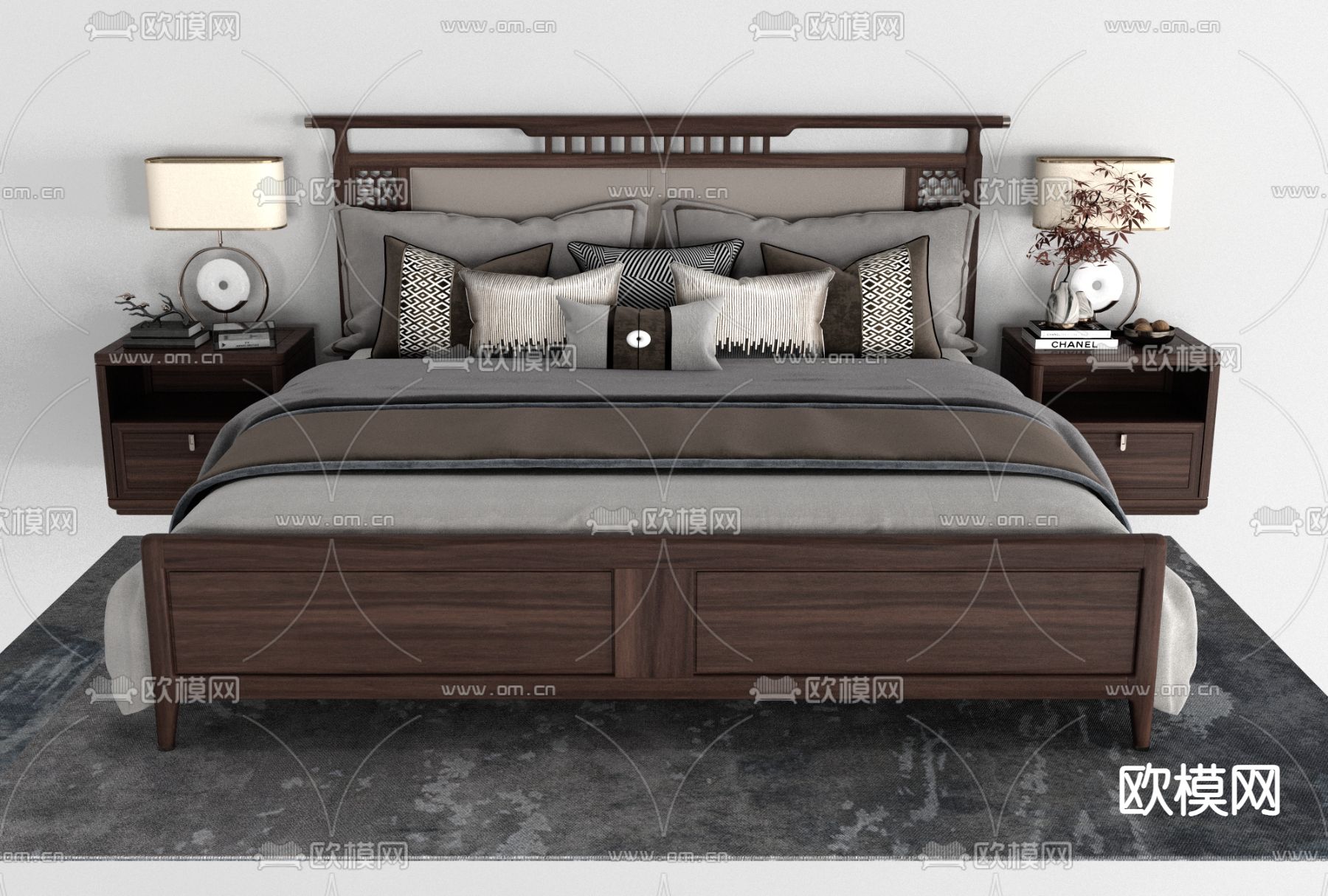 新中式布艺双人床免费3d模型下载