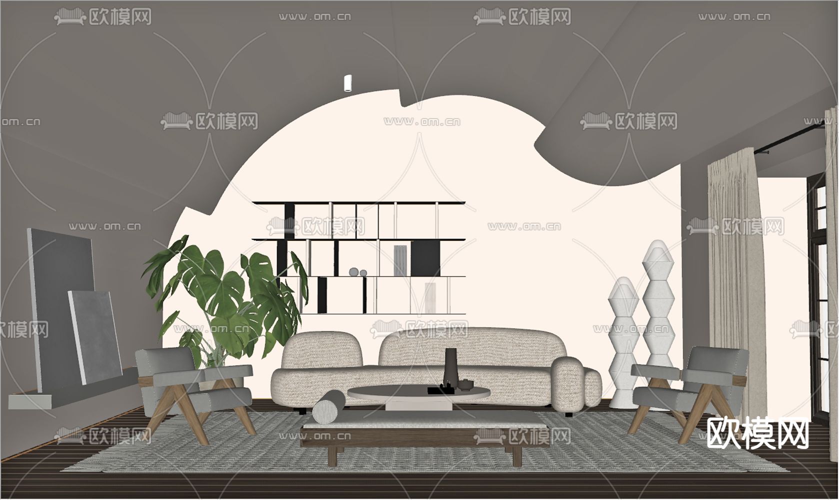 侘寂风轻奢客厅su模型下载（渲染图2）