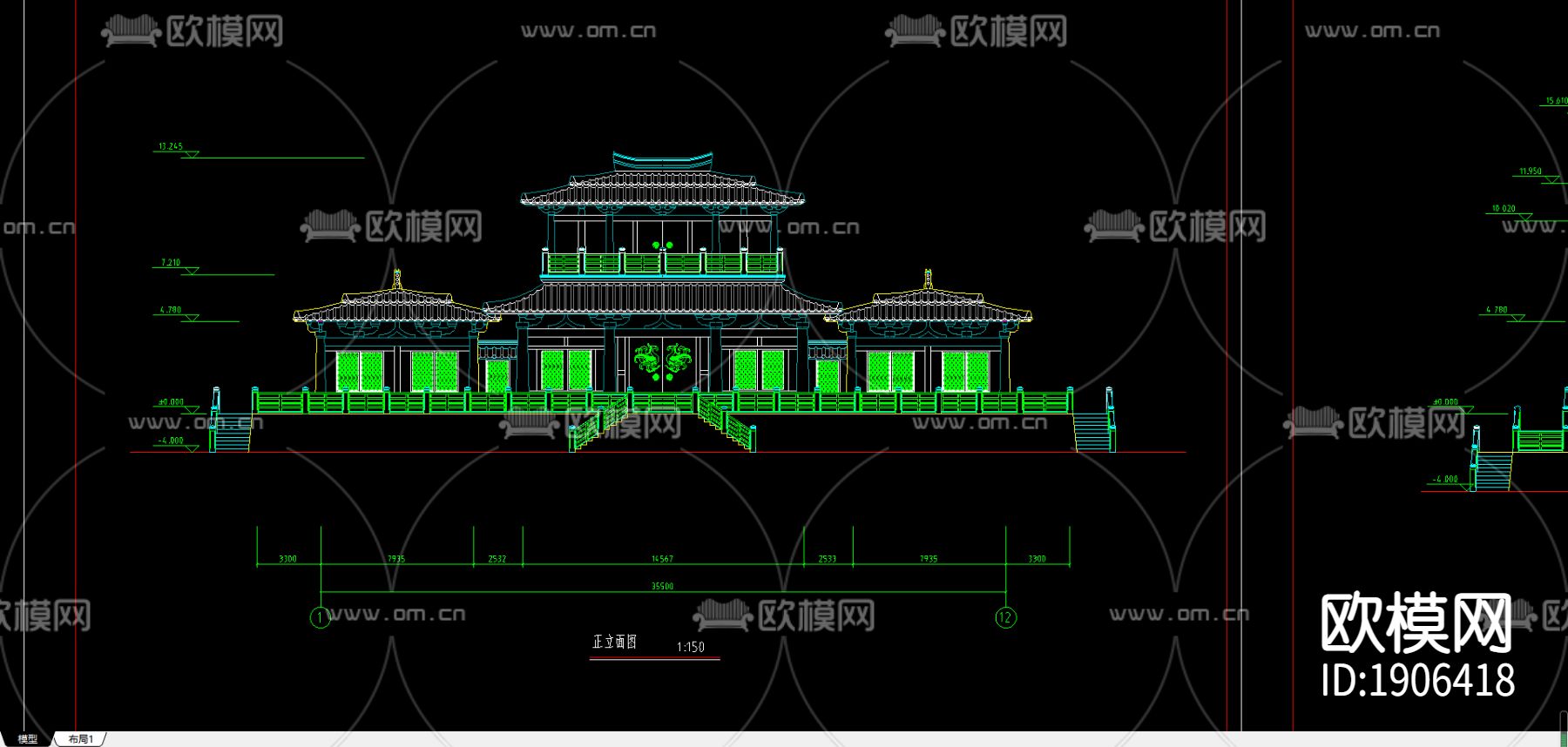 汉代庄王阁建筑方案图下载（渲染图2）