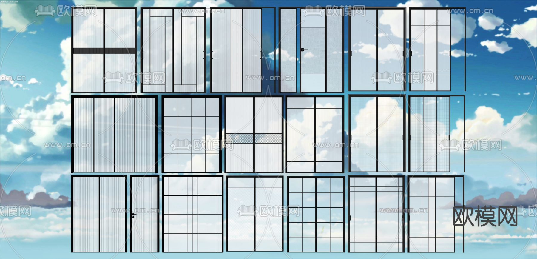 现代玻璃滑动推拉门su模型