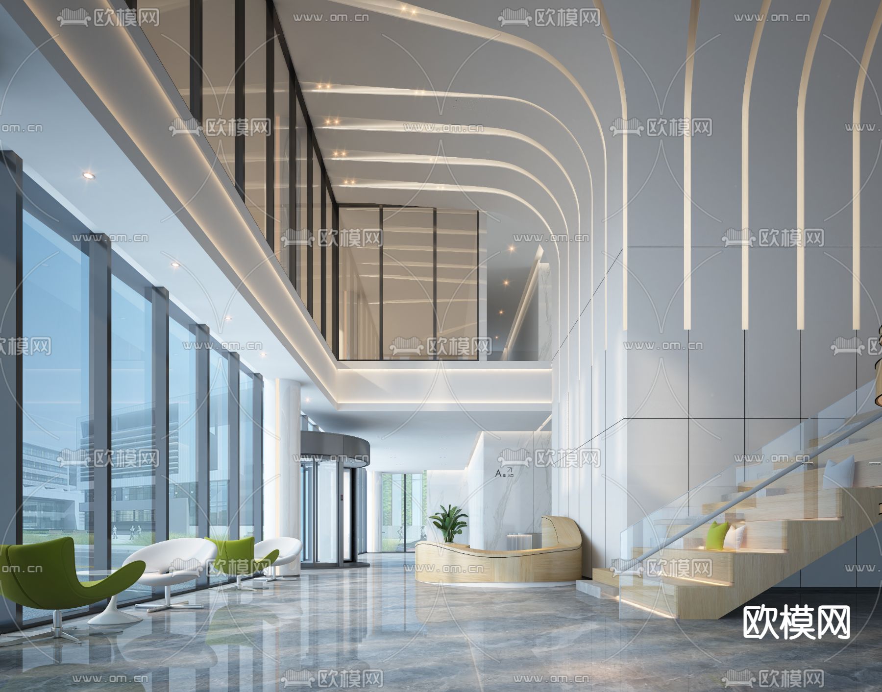 现代办公楼大堂前台3d模型下载（渲染图1）