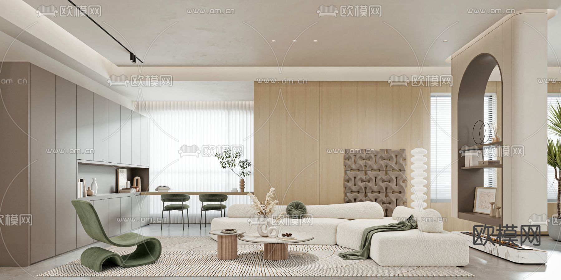 现代奶油客厅su模型下载（渲染图1）
