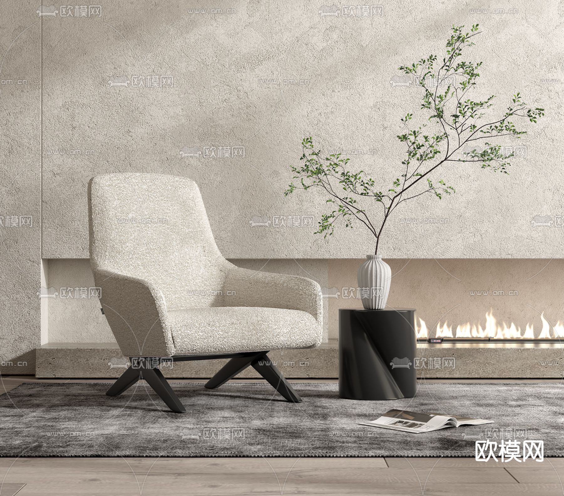 侘寂布艺单人沙发su模型下载（渲染图1）