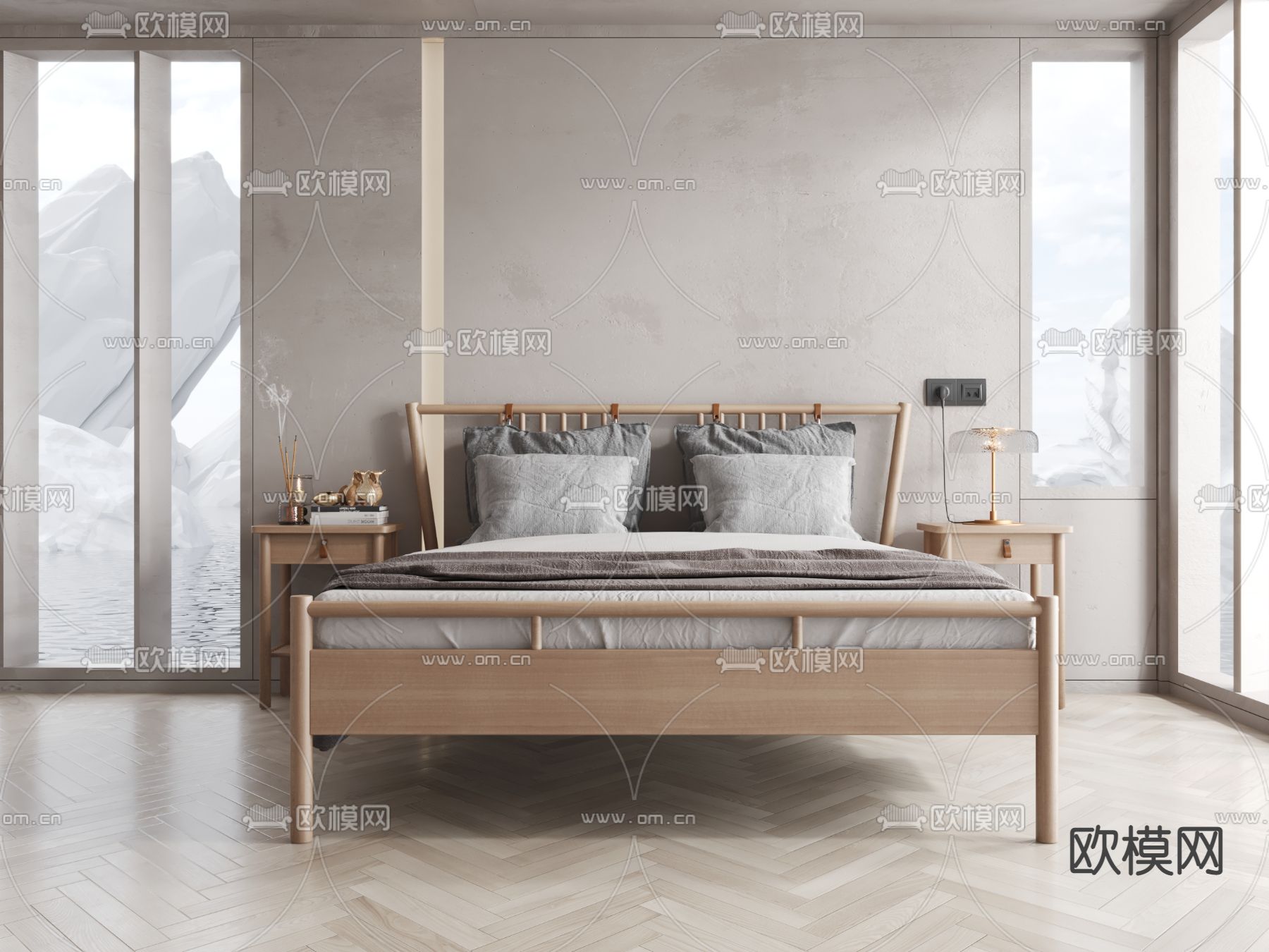 北欧原木双人床3d模型下载（渲染图2）