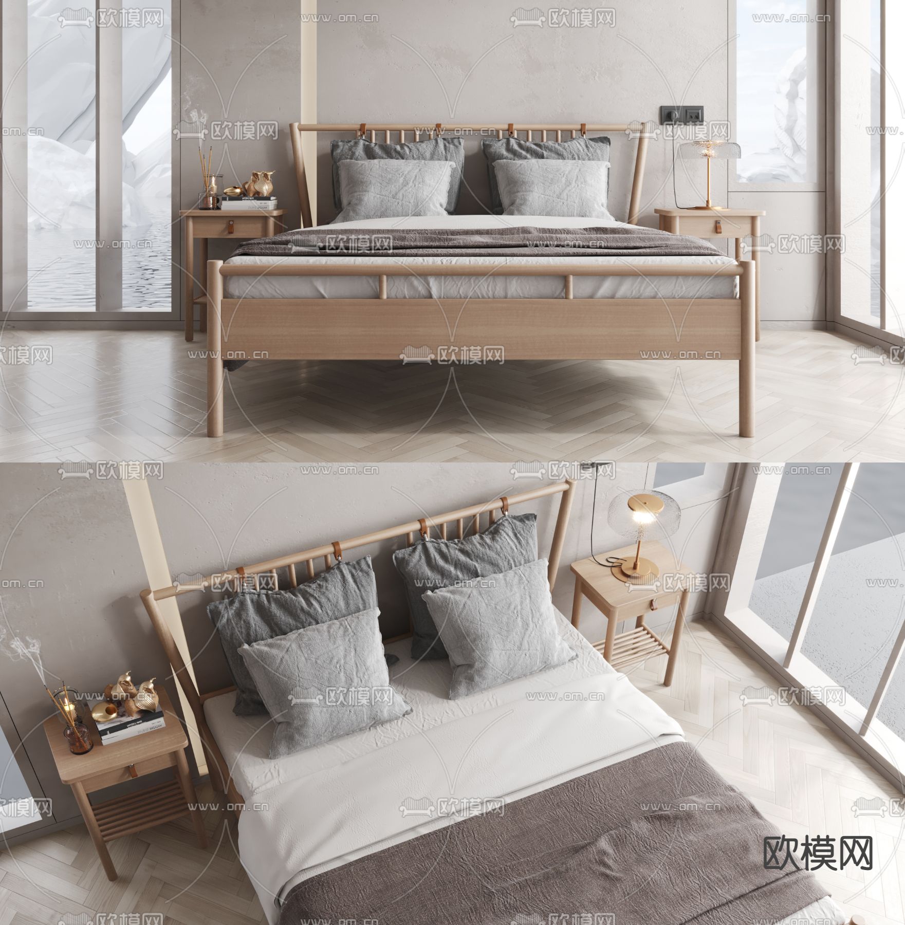 北欧原木双人床3d模型下载（渲染图1）