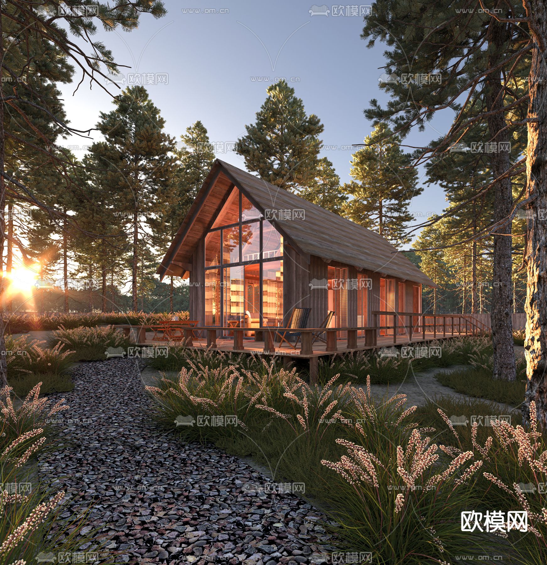 自然风林中木屋别墅外观3d模型下载