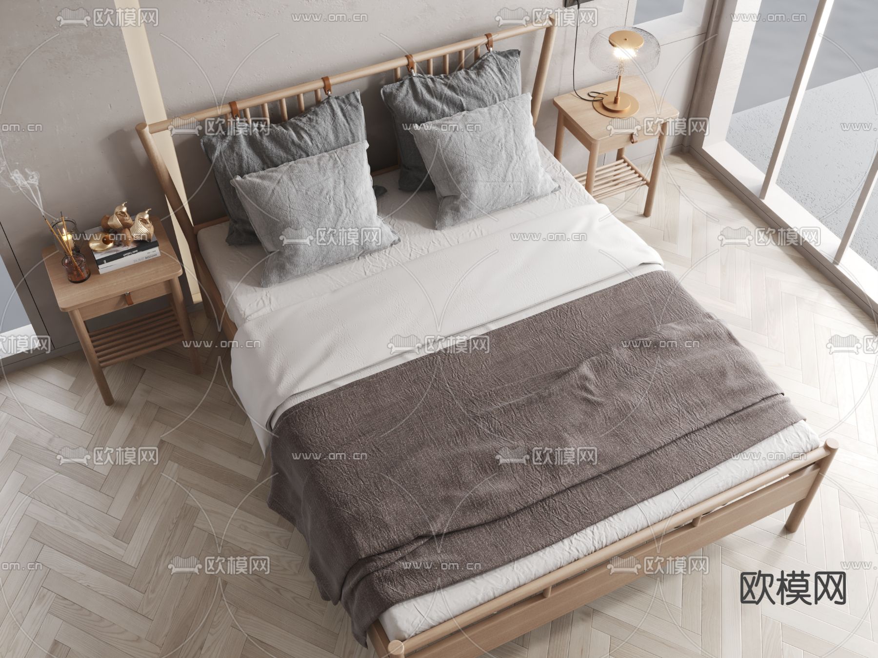 北欧原木双人床3d模型下载（渲染图3）