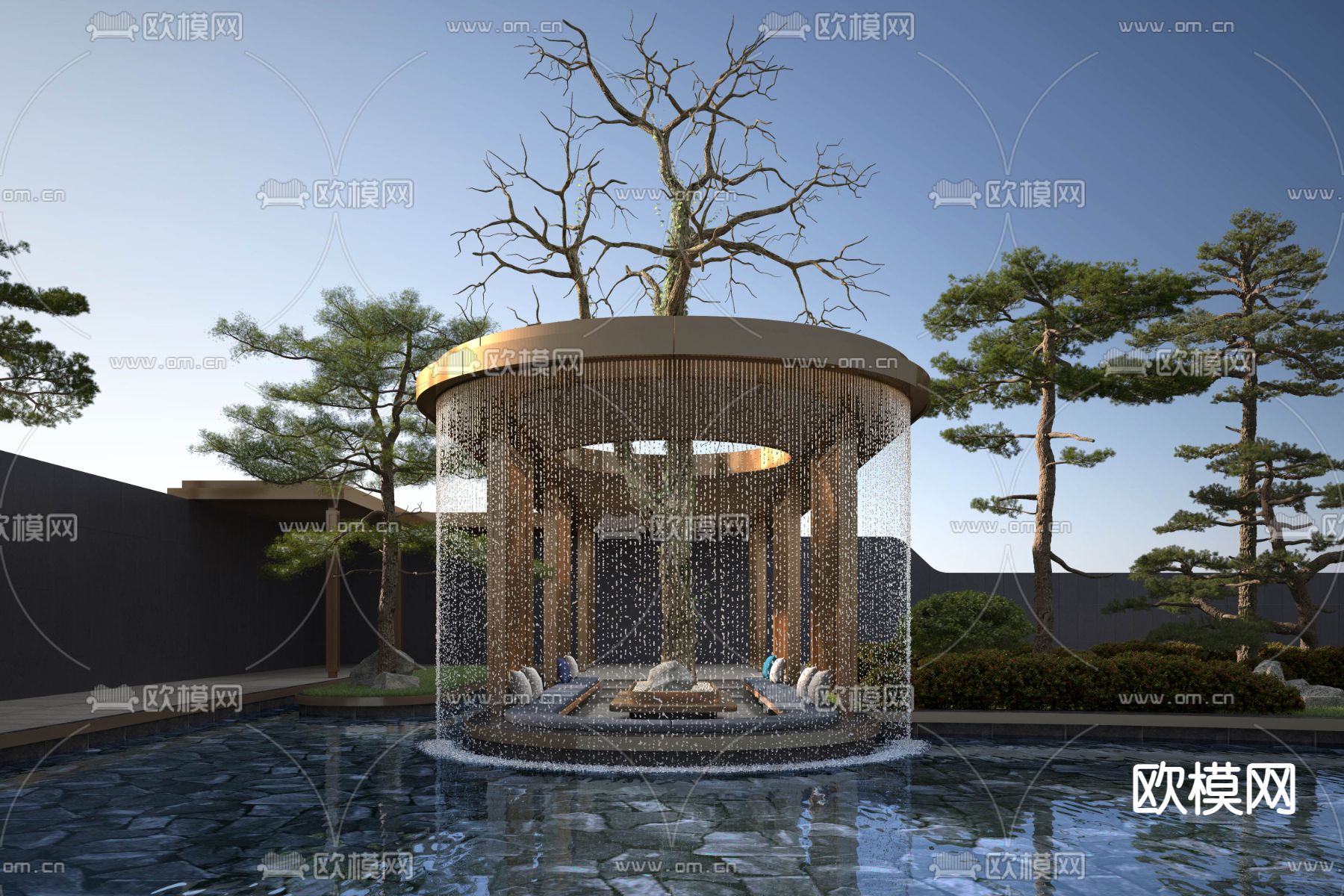 现代户外凉亭水景小品3d模型下载