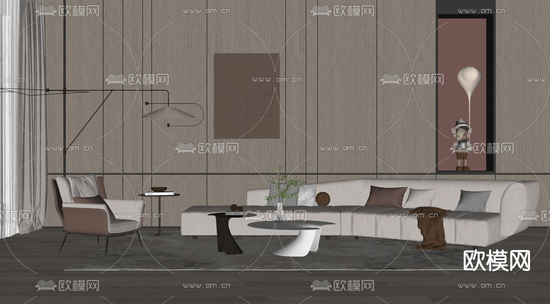 现代布艺沙发茶几组合su模型下载（渲染图2）