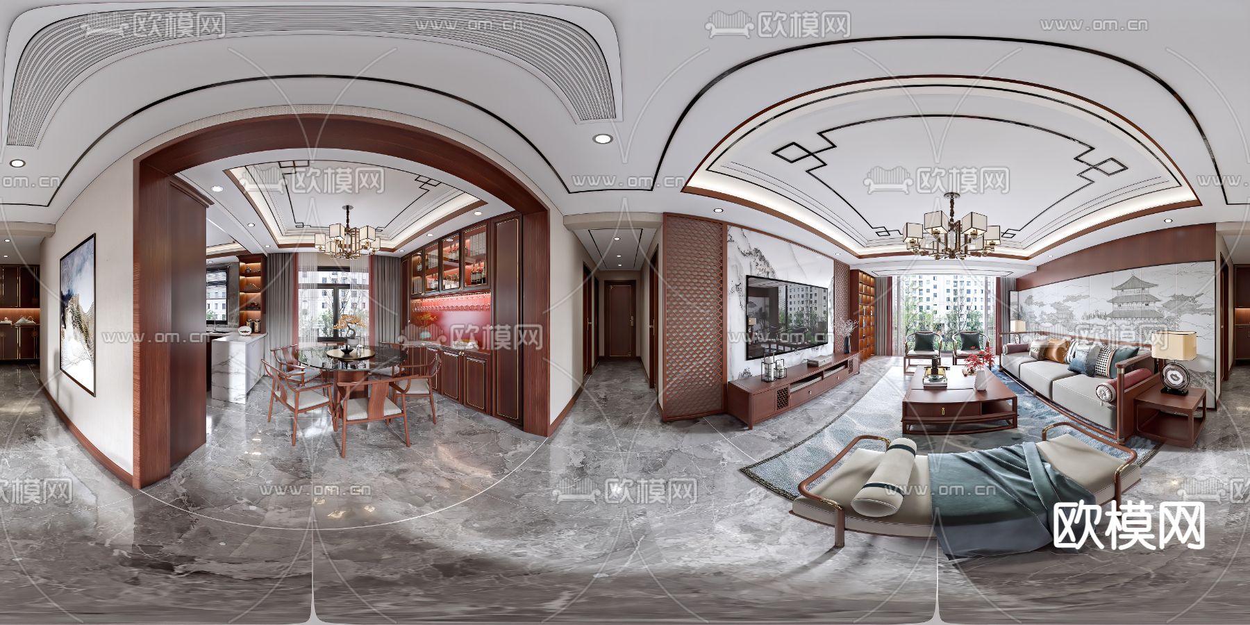 新中式客餐厅vr全景3d模型