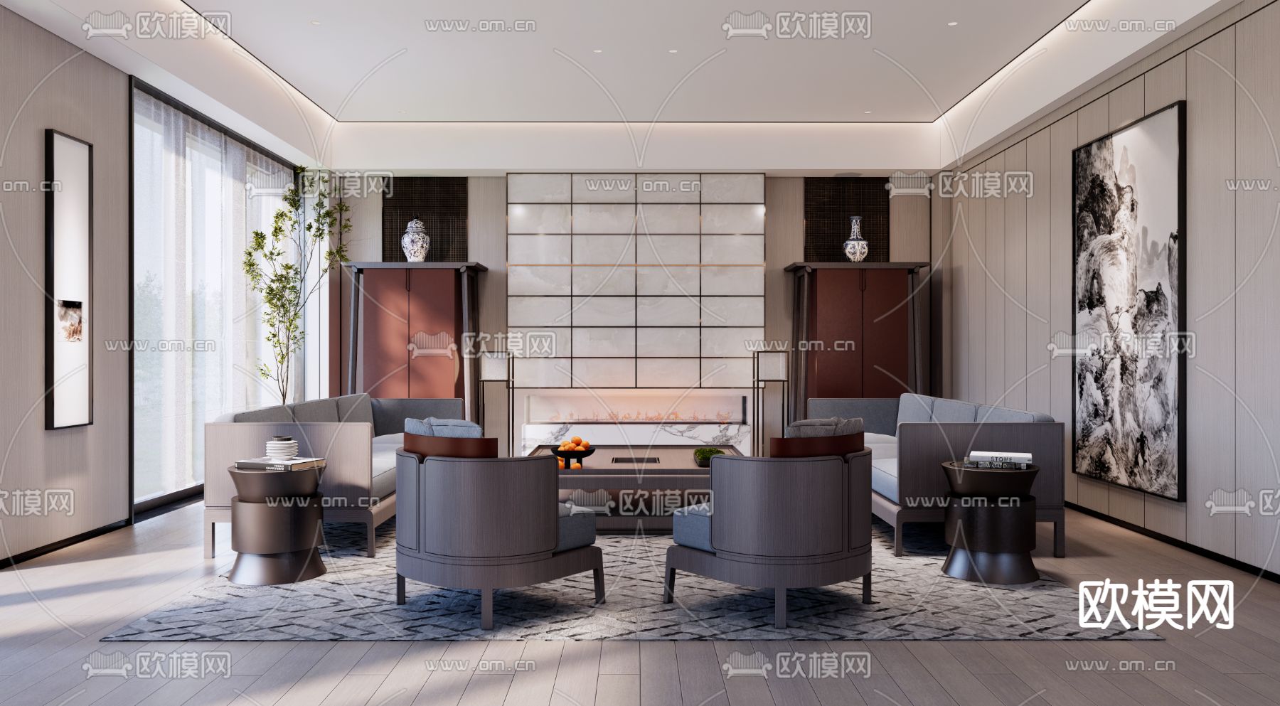 新中式会客厅su模型下载（渲染图2）