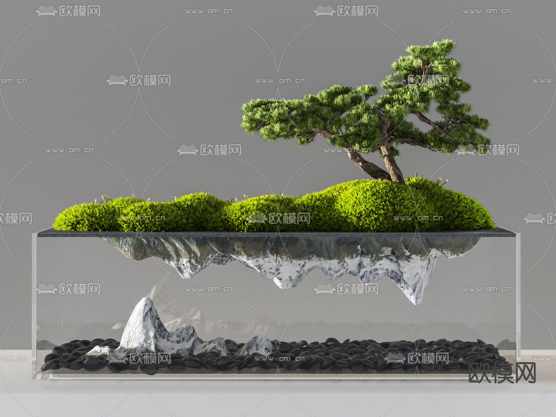 新中式松树青苔蕨类盆景摆件3d模型下载_ID11759261_3dmax免费模型-欧模网