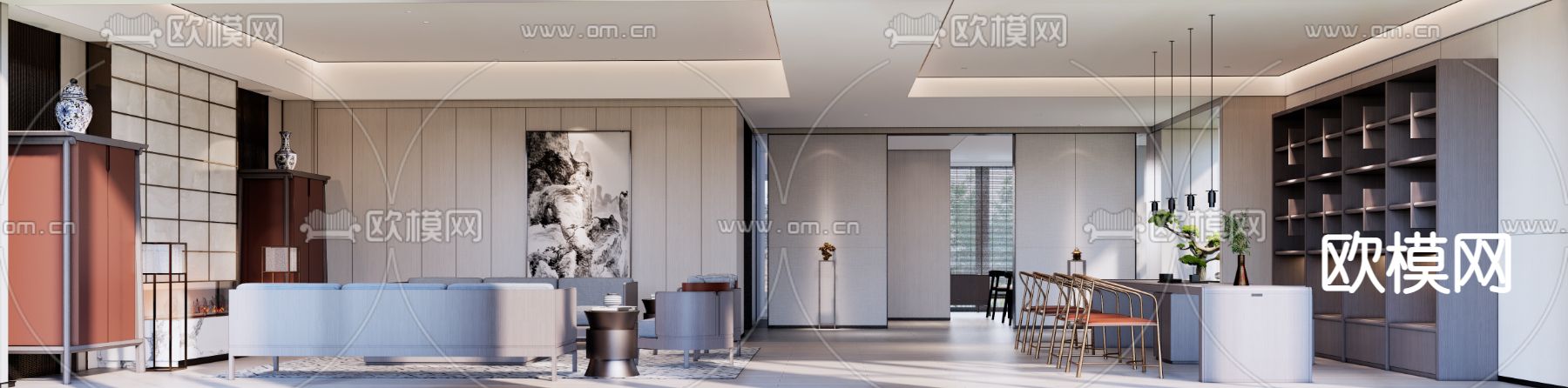 新中式会客厅su模型下载（渲染图1）