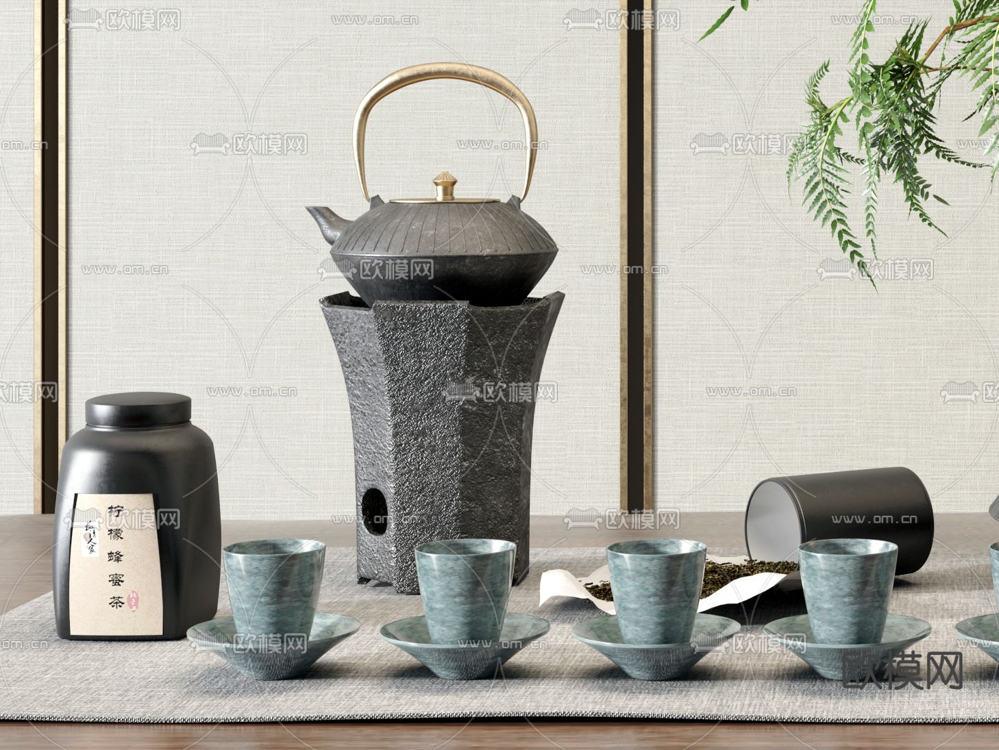 新中式蕨类盆景茶具3d模型