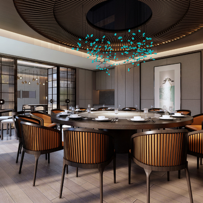  新中式餐厅包厢su模型 