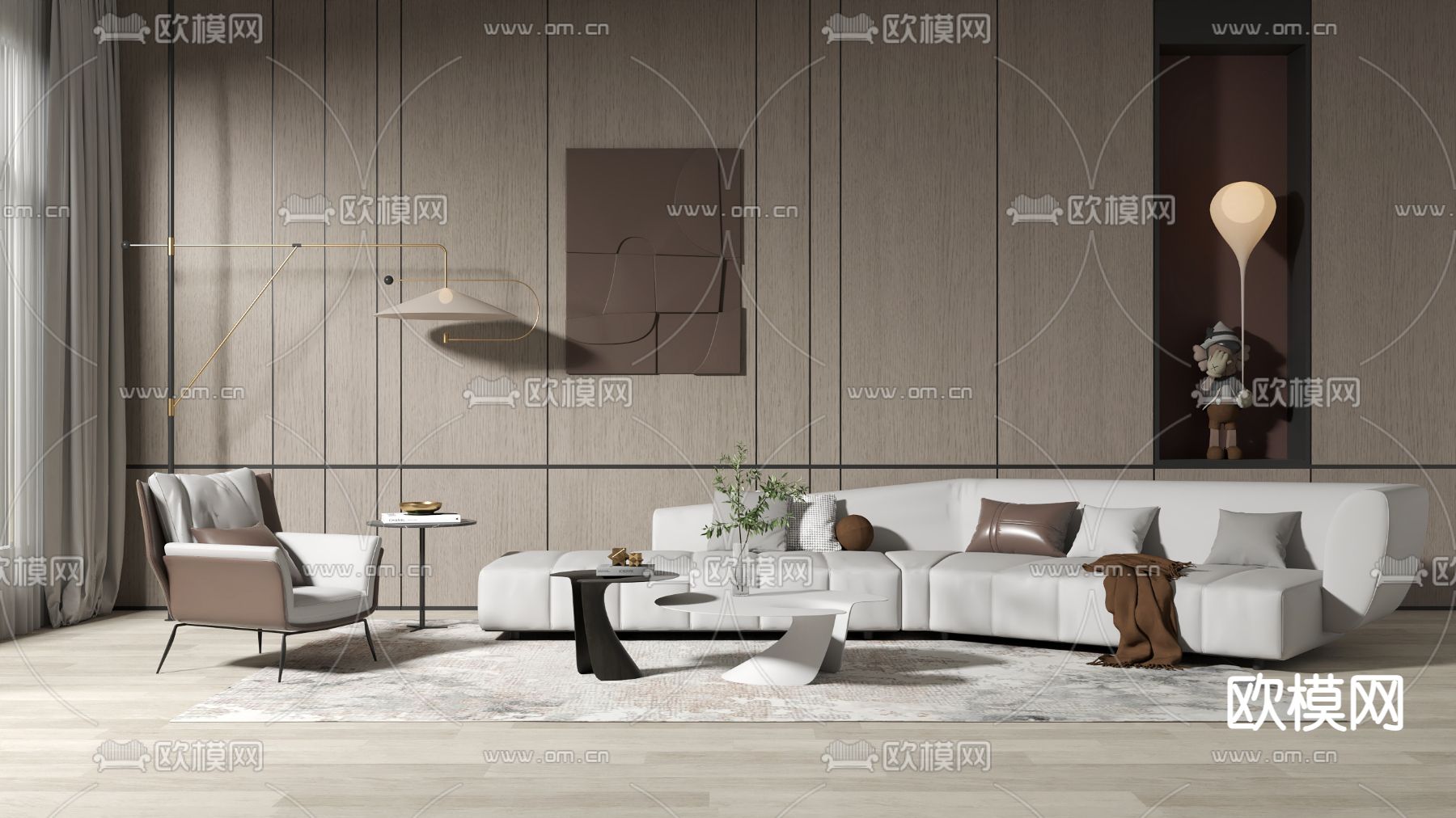 现代布艺沙发茶几组合su模型下载（渲染图1）