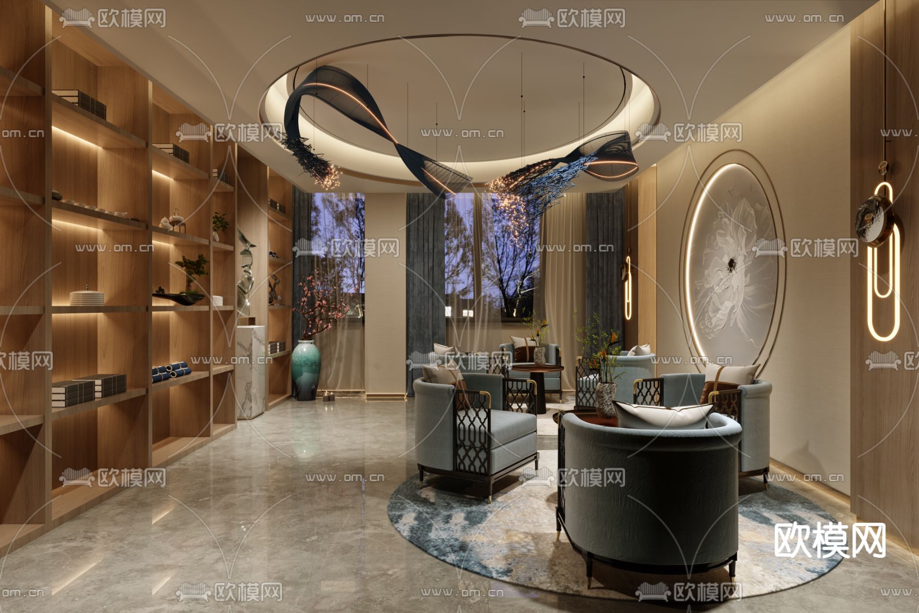 新中式美容院大厅休息区3d模型下载