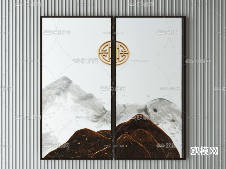 新中式山脉装饰画免费3d模型下载