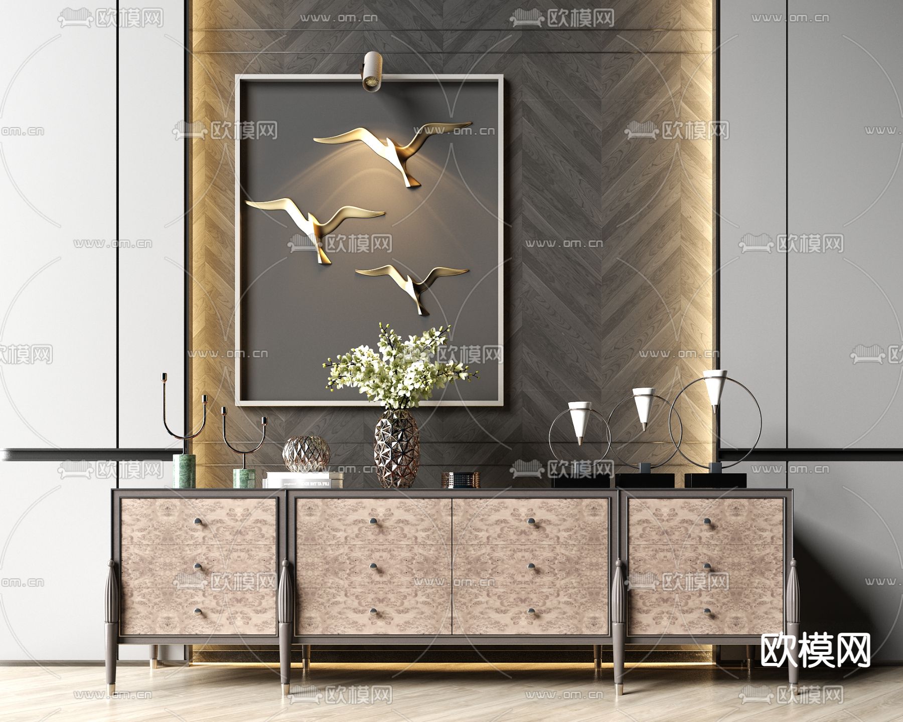 美式轻奢电视柜su模型下载