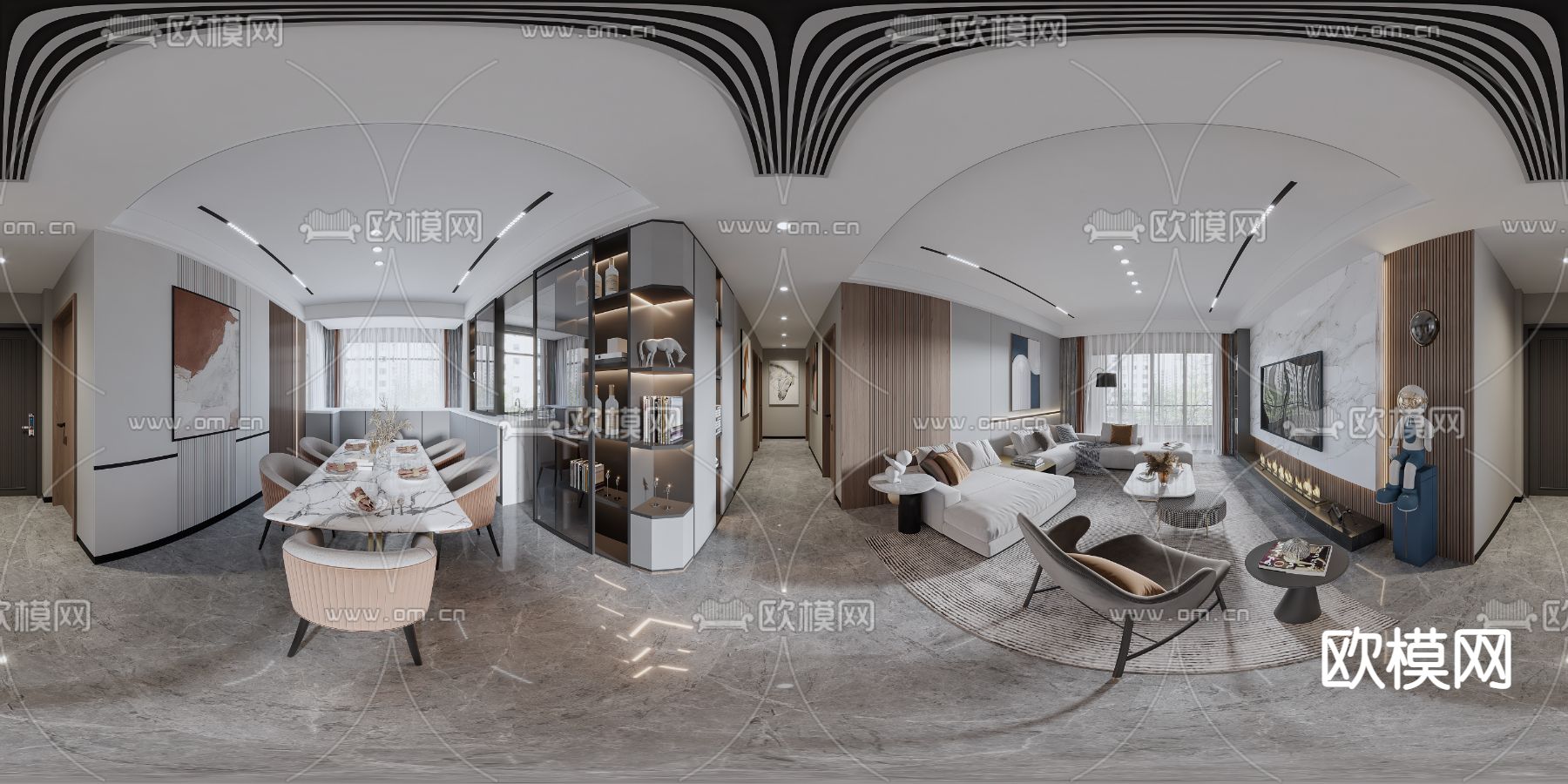现代客厅餐厅vr全景3d模型
