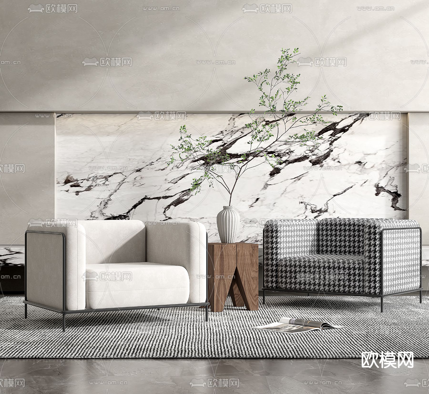 现代布艺单人沙发su模型下载（渲染图1）