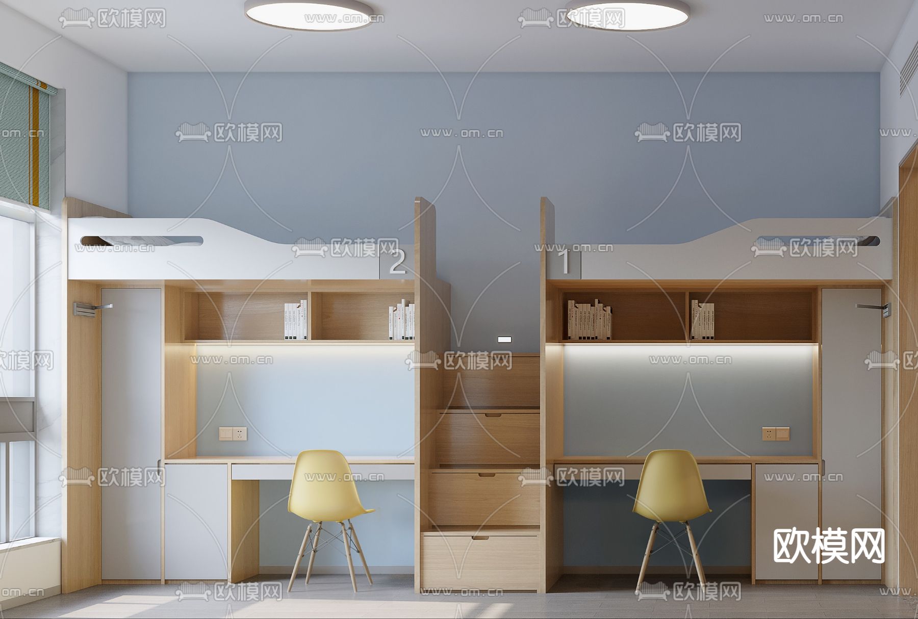 现代上下铺学生宿舍3d模型下载（渲染图1）