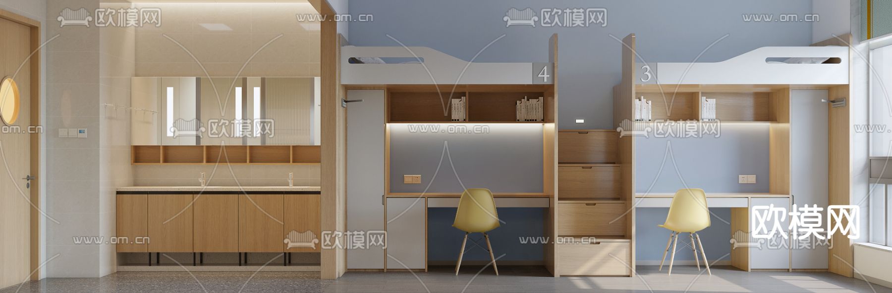 现代上下铺学生宿舍3d模型下载（渲染图2）