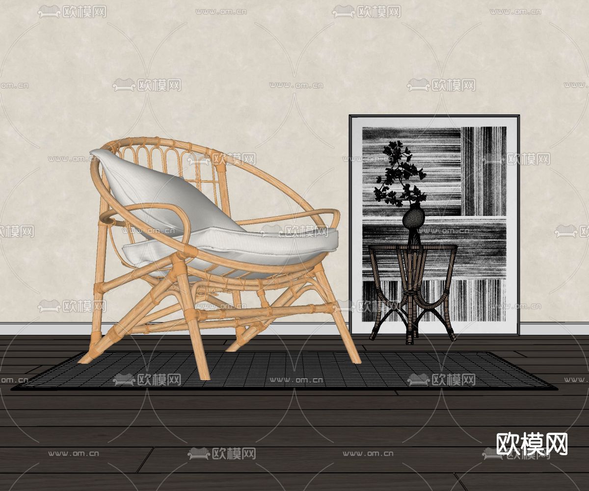 侘寂藤编休闲椅su模型下载（渲染图2）